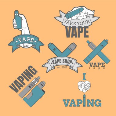 Turuncu arka plan üzerinde renkli farklı vaping Logotype kümesi