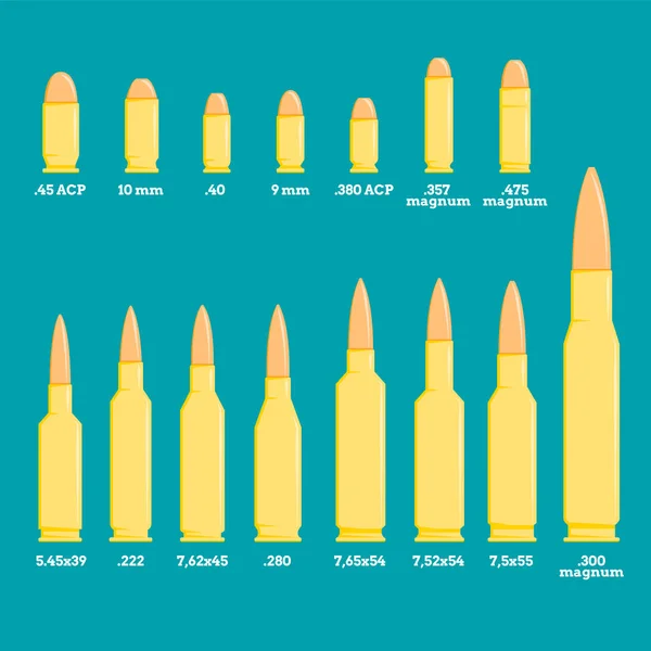 Diferentes tipos de balas de pistola y rifle con descripción sobre fondo azul . — Archivo Imágenes Vectoriales