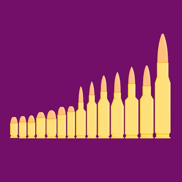 Diferentes tipos de balas em linha no fundo roxo . — Vetor de Stock