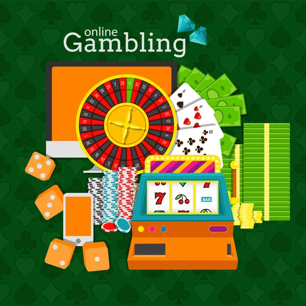 Online gambling vektorillustration. Roulette, telefon, skrivbord, spelmaskin, travar av pengar, pokermarker och dice kuber — Stock vektor