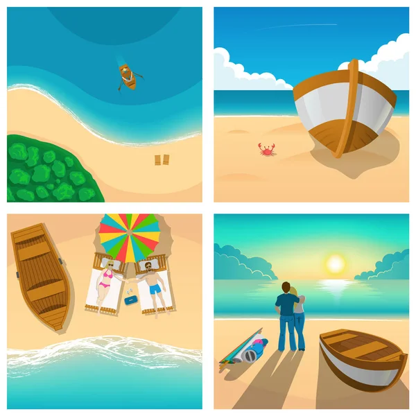 太陽が降り注ぐビーチでリラックスしたカップルと 4 つの写真のセットです。観光、ボート、夏のベクトル図. — ストックベクタ