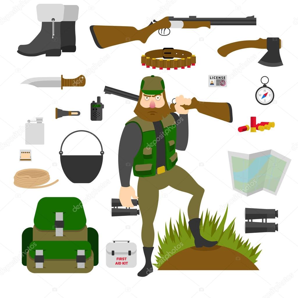 Hunter with set of amunition isolated. Gun, knife, axe, first aid kit, map, patrontage, bandolier, flask, pot, compass, bullets, rope. Flat vector illustration.