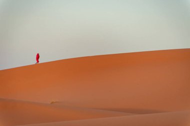 Sahra Çölü 'nün kumullarında yürüyen kişi. Fas
