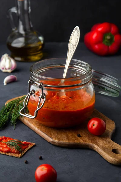 Jar with balkan snack of baked pepper aivar — Stock Photo, Image