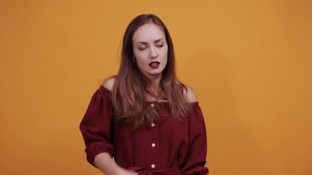 Sickness tired woman keeping hands on forehead, having temperature. — Stock Video