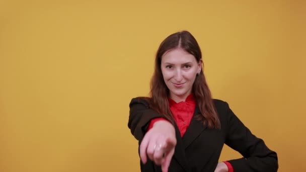 Happy Female Smile Shows Forward Forefinger. Confident People, Leaders — Stock Video