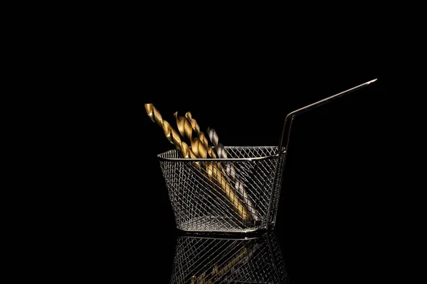 Drills Metal Shopping Basket Black Background — Stock Photo, Image