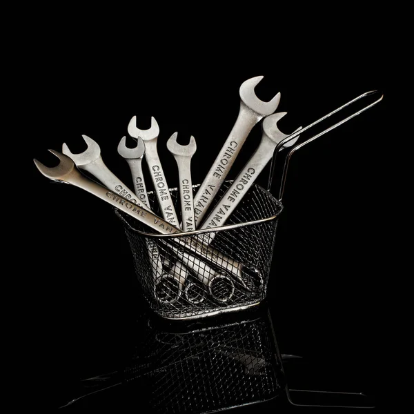Open End Wrenches Metal Shopping Basket Black Background — 스톡 사진