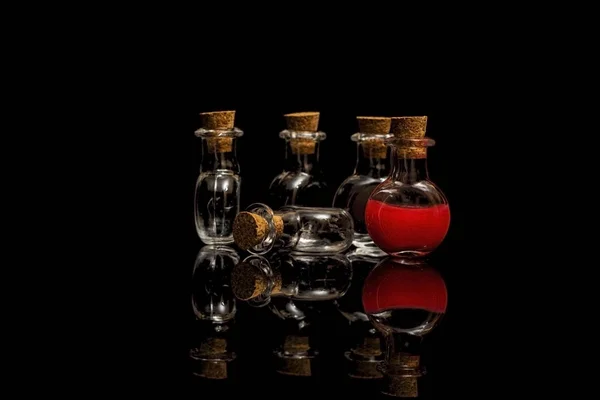 Glass Flasks Blood Corks Black Background Isolate Black — Stock Photo, Image
