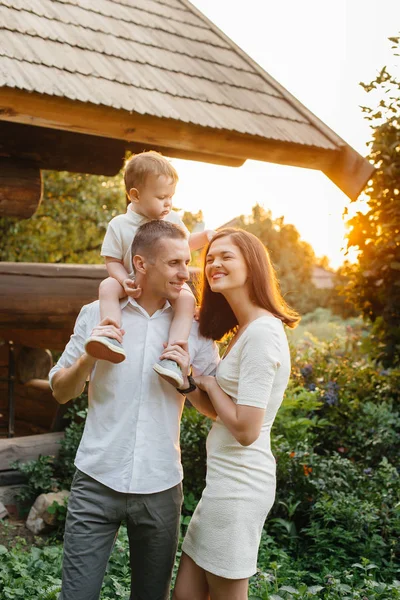 Happy Family Son Walking Park Sunset Happiness Love — Stock Photo, Image