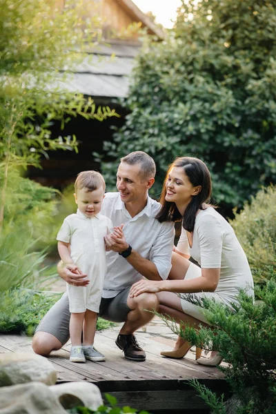 Happy Family Son Walking Park Sunset Happiness Love — Stock Photo, Image