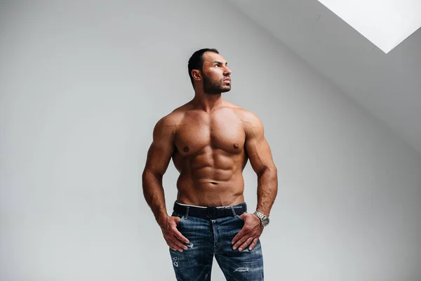 Sexy Latin Posing White Background Topless Fitness Press — Stock Photo, Image