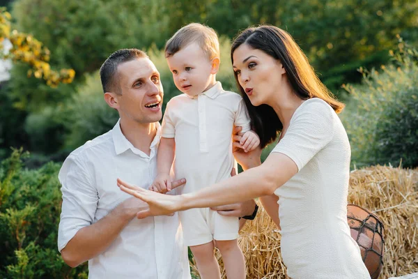 Happy Family Son Walking Park Sunset Happiness Love — Stock Photo, Image