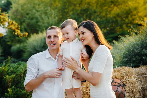 Happy Family Son Walking Park Sunset Happiness Love — Stock Photo, Image