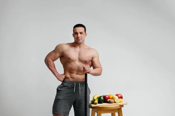 Sexy Vegan Guy Naked Torso Posing Studio Next Fruit Diet — Stock Photo, Image