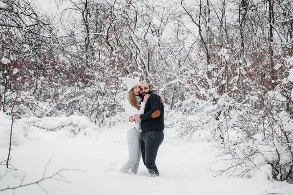 Pareja Jugando Con Nieve Bosque —  Fotos de Stock