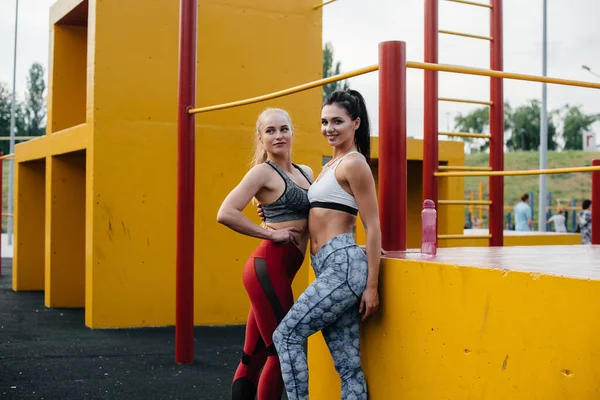 Atletické Sexy Dívky Hrají Sport Čerstvém Vzduchu Fitness Zdravý Životní — Stock fotografie