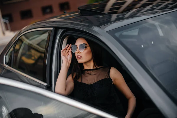 Stylish Young Girl Sitting Business Class Car Black Dress Business — Stock Photo, Image