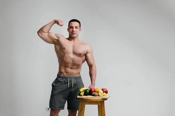Sexy Vegan Guy Naked Torso Posing Studio Next Fruit Diet — Stock Photo, Image