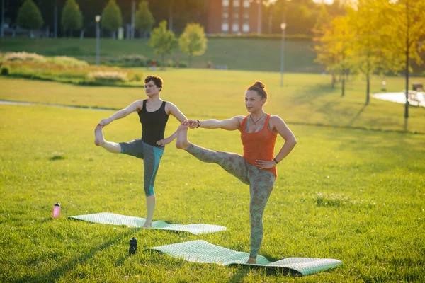 Las Chicas Jóvenes Hacen Yoga Aire Libre Parque Durante Atardecer — Foto de Stock