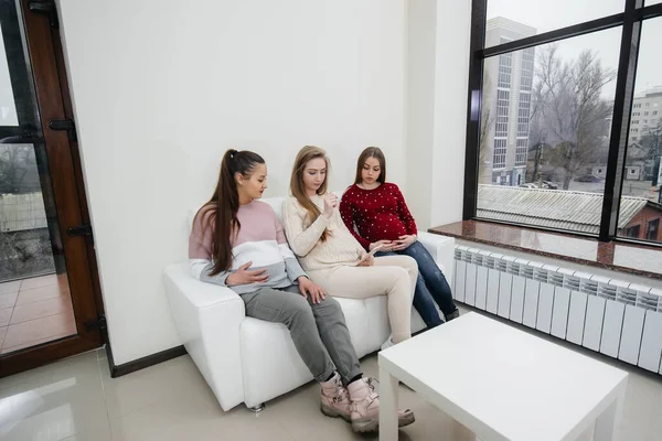 Meninas Grávidas Sentar Sofá Divertir Conversando Uns Com Outros Gravidez — Fotografia de Stock