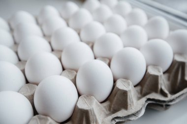 Karton bir form üzerine yakın plan beyaz yumurta tepsisi. Tarım endüstrisi