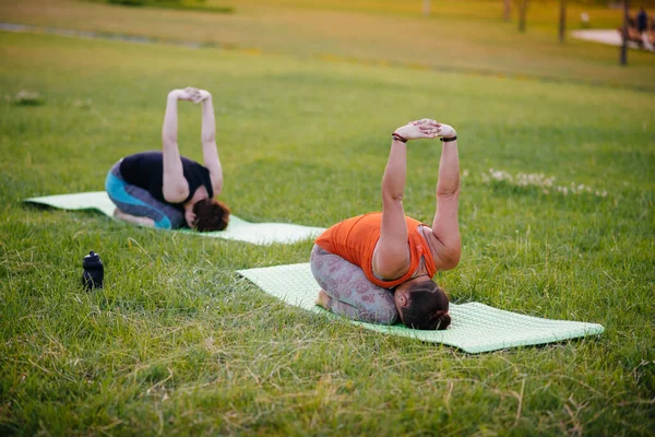 Las Chicas Jóvenes Hacen Yoga Aire Libre Parque Durante Atardecer — Foto de Stock