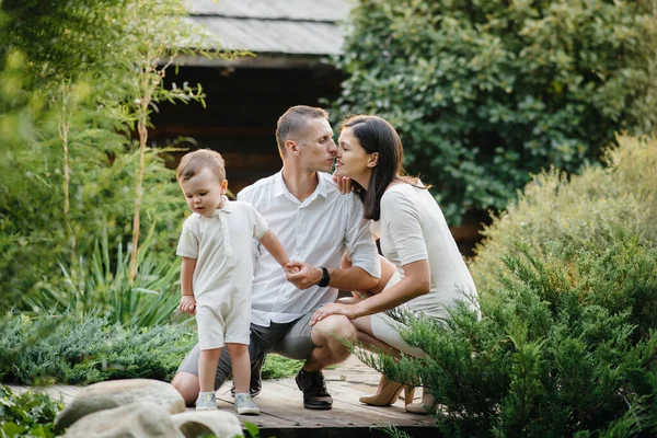 Happy Family Son Walking Park Sunset Happiness Love — Stock Photo, Image