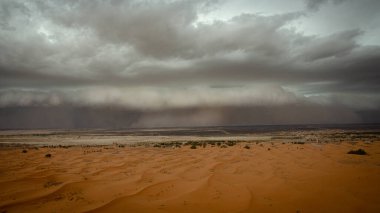 Erg Chebbi Çölü Fas, Afrika 'da Merzouga yerleşim bölgesine yaklaşan kum fırtınası 