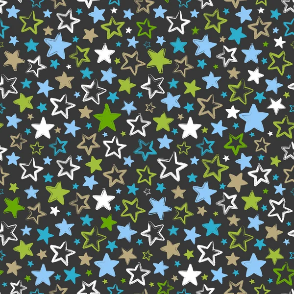 Patrón sin costuras con estrellas multicolores sobre fondo oscuro — Vector de stock