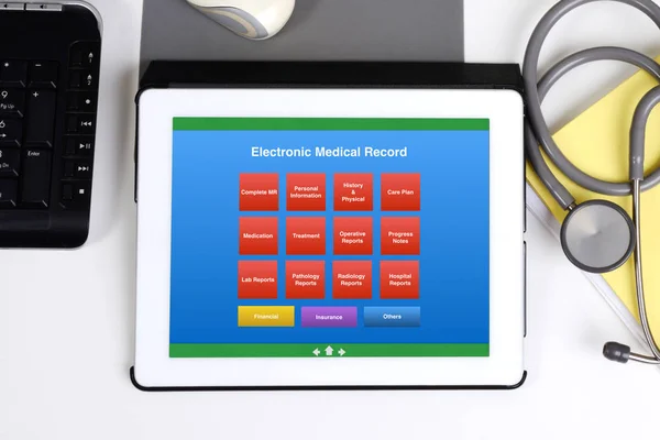 Electronic medical record display on tablet computer screen.