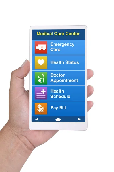 Smartphone de mano que muestra el menú de contacto de atención médica en scre — Foto de Stock