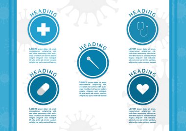 Tıbbi ikon içeren bilgi içerikli yuvarlak şekilli covid-19 konsepti. vektör illüstrasyonu.