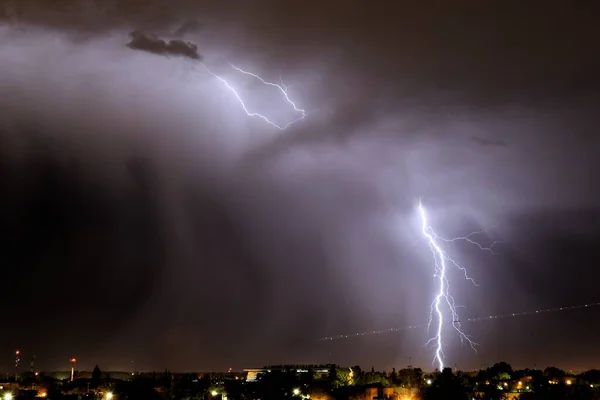 Lightning Strikes Night Severe Thunderstorm City Mendoza Argentina — Stock Photo, Image