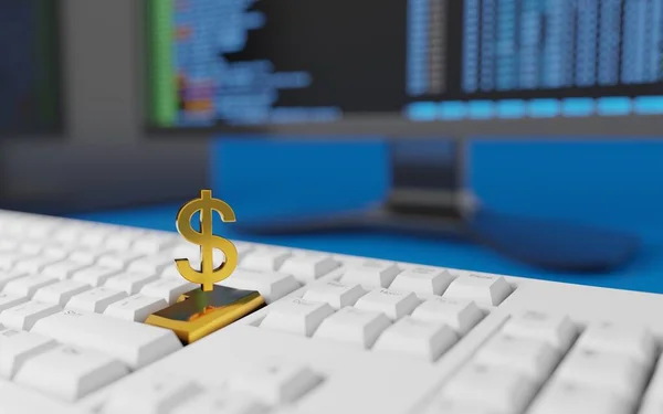 Von zu Hause aus online Geld verdienen. Goldenes Dollarzeichen schwebt über der Computertastatur. Digitales 3D-Renderkonzept. — Stockbild Von Hause Aus Online Geld Verdienen Goldenes Dollarzeichen Schwebt Über — Stockfoto