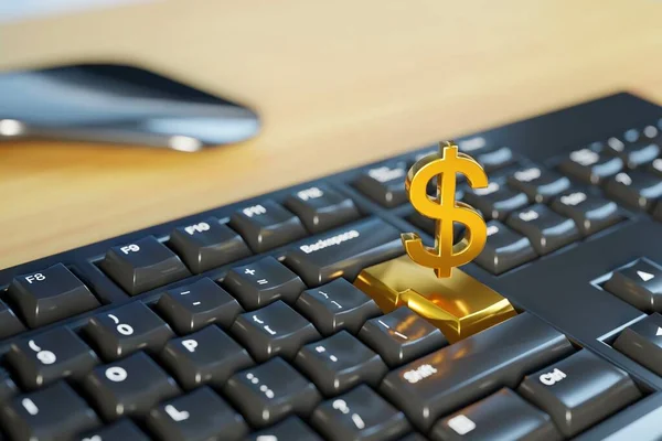 Von zu Hause aus online Geld verdienen. Goldenes Dollarzeichen schwebt über der Computertastatur. Digitales 3D-Renderkonzept. — Stockbild Von Hause Aus Online Geld Verdienen Goldenes Dollarzeichen Schwebt Über — Stockfoto
