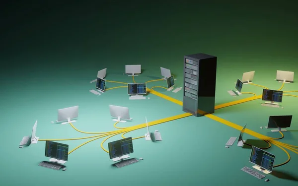 クラウドコンピューティングネットワークインフラストラクチャ データセンターに接続されたコンピュータワークステーション デジタル3Dレンダリングコンセプト — ストック写真