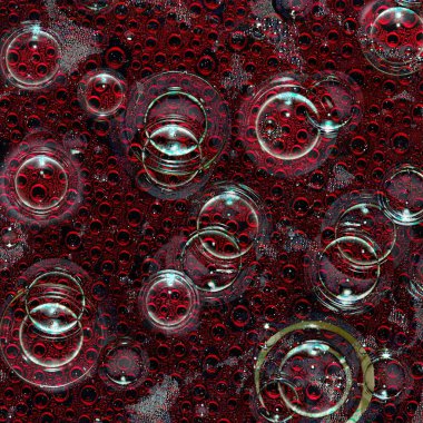 Şeffaf küreler ve onların kırmızı yansımaları rastgele olarak siyah bir arkaplanda yer alır. Boşluk soyutlaması.