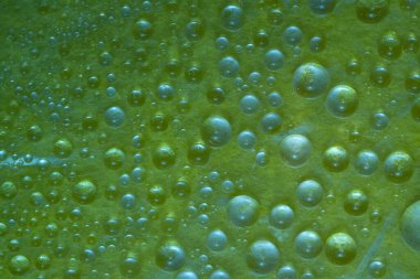 Damlacıkların ve damlacıkların soyut yeşil arkaplanı. Kapatın. Parlak güneş tarafından aydınlatılan malakit yeşili su damlaları yeşil cam bir yüzey üzerinde yer alır.. 