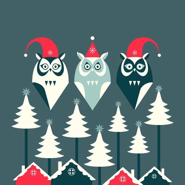 Tarjeta de Navidad con búhos lindos — Archivo Imágenes Vectoriales