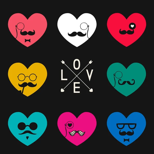 Mustached hearts set — Stock Vector