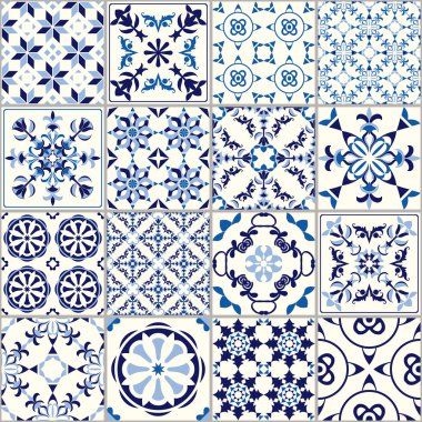 Vektör pürüzsüz kiremit deseni. Soyut arkaplan. Seramik fayanslar. Çivit mavisi çiçek azulejos dekorasyonu
