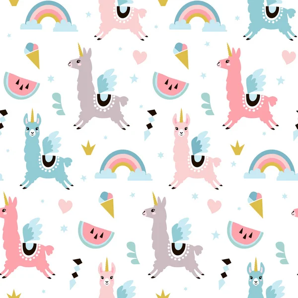 Cute Unicorn Llama Alpaca Seamless Pattern Vector Illustration — Stock Vector