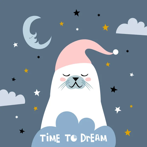 Time Dream Quote Doodles Cute Cartoon Seal Vector Design — Stock Vector