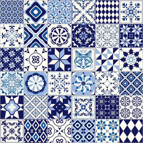 Modèle Tuiles Sans Couture Vectoriel Contexte Abstrait Carreaux Céramique Indigo — Image vectorielle