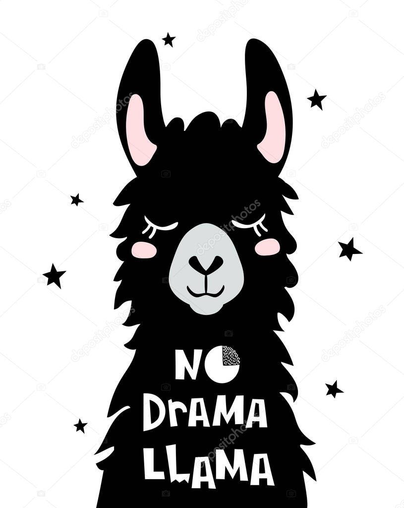 No Drama Llama card with cute cartoon llama design