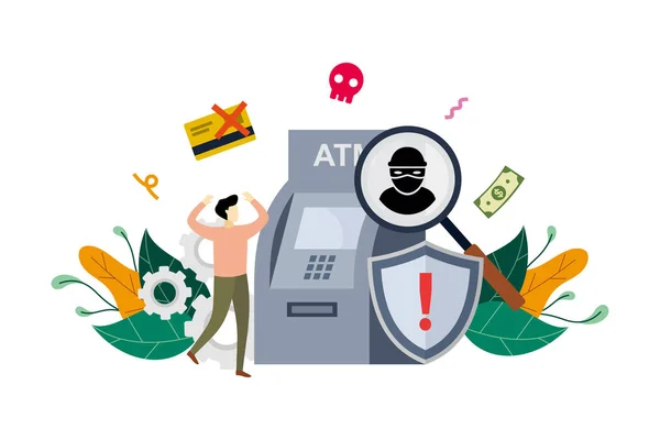 ATM conceito de crime cibernético, ladrão hackear um ATM, hacking detectado, mensagens de alerta de phishing com pessoas pequenas vetor ilustração plana, adequado para fundo, banner, ui, ux — Vetor de Stock