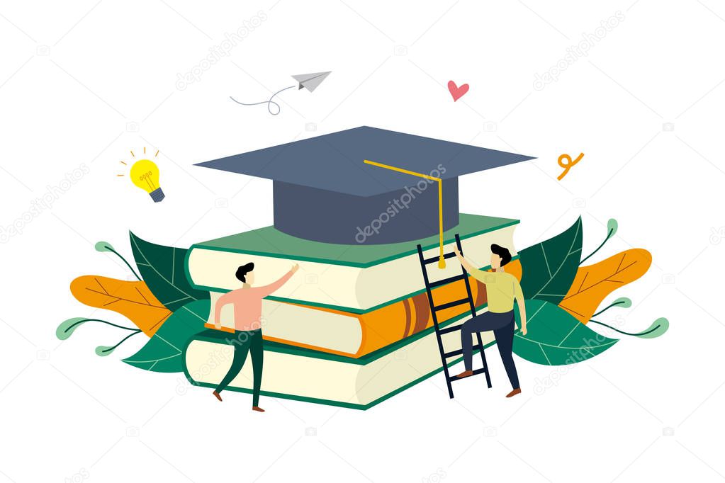 Success education, academy, knowledge. With small learner, graduation hat on pile of books concept vector flat illustration, suitable for background, advertising illustration
