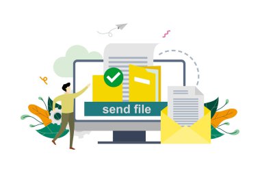 Dosya veya belge aktarımı, kopyalama dosyaları, yedekleme, dosya paylaşım konsepti vektör düz illüstrasyon şablonu, arkaplan, iniş sayfası, reklam illüstrasyonu için uygun