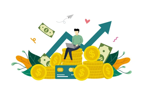 Business profit growth to success, profitable investment, profit increase, economic or market growth, coins stack and rising graph arrow up concept vector flat illustration template — 图库矢量图片
